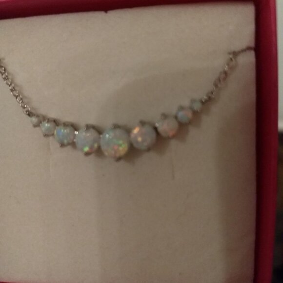 Neiman Marcus 18K White Gold Plated Created White Opal Graduated Necklace - Picture 4 of 5